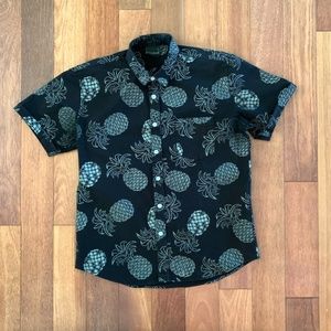 Mens Slim Fit Cotton Stretch Hawaiian Pineapple Black Button Down Shirt L